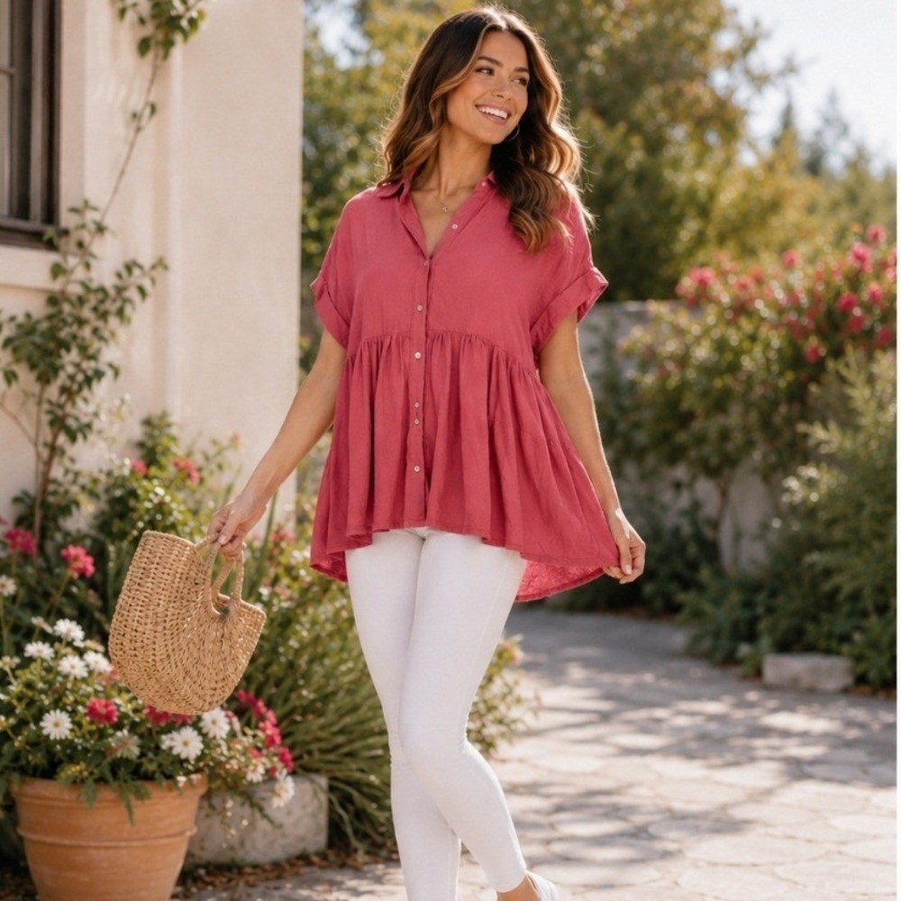 Jane and Delancey Pink‎ Clip Dot Button Front Tiered Babydoll Tunic Top Large